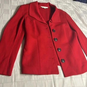 Cleo red pea coat ,SM, single breasted,career,winter,Xmas red,closet staple,EC